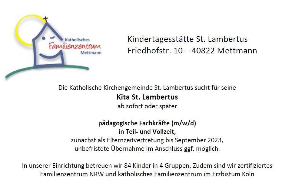 2021-09-22 Stellenausschreibung Fachkräfte LA (c) Pfarrei St. Lambertus ME