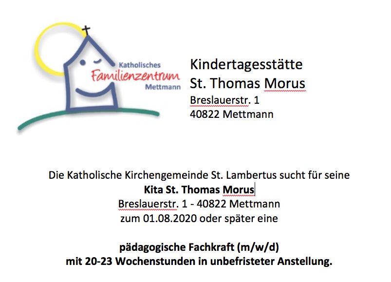 Stellenausschreibung der KiTa TM Jun20 (c) Pfarrei St. Lambertus ME