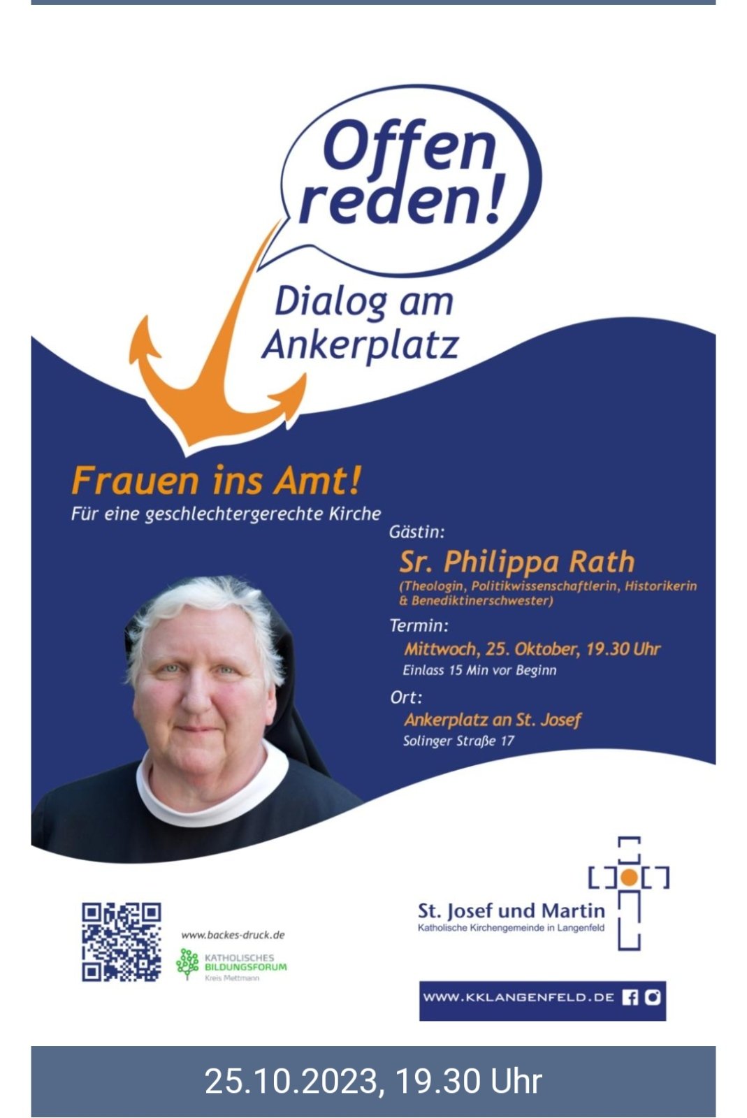 Veranstaltung Offen  Reden - Frauen ins Amt! mit Sr. Philippa Rath, Langenfeld, 25.10.2023